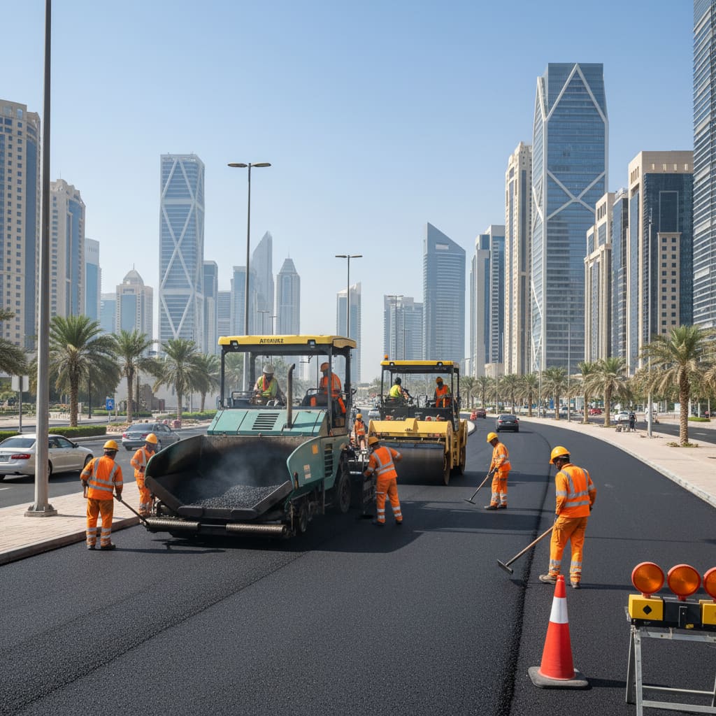 Road paving crew operating an asphalt paver and roller in Lusail
