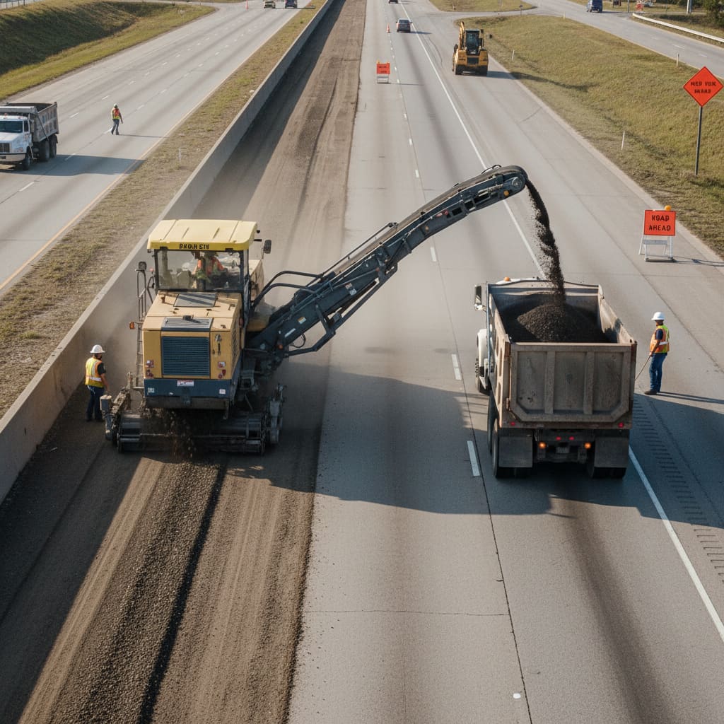 Road construction equipment performing asphalt milling