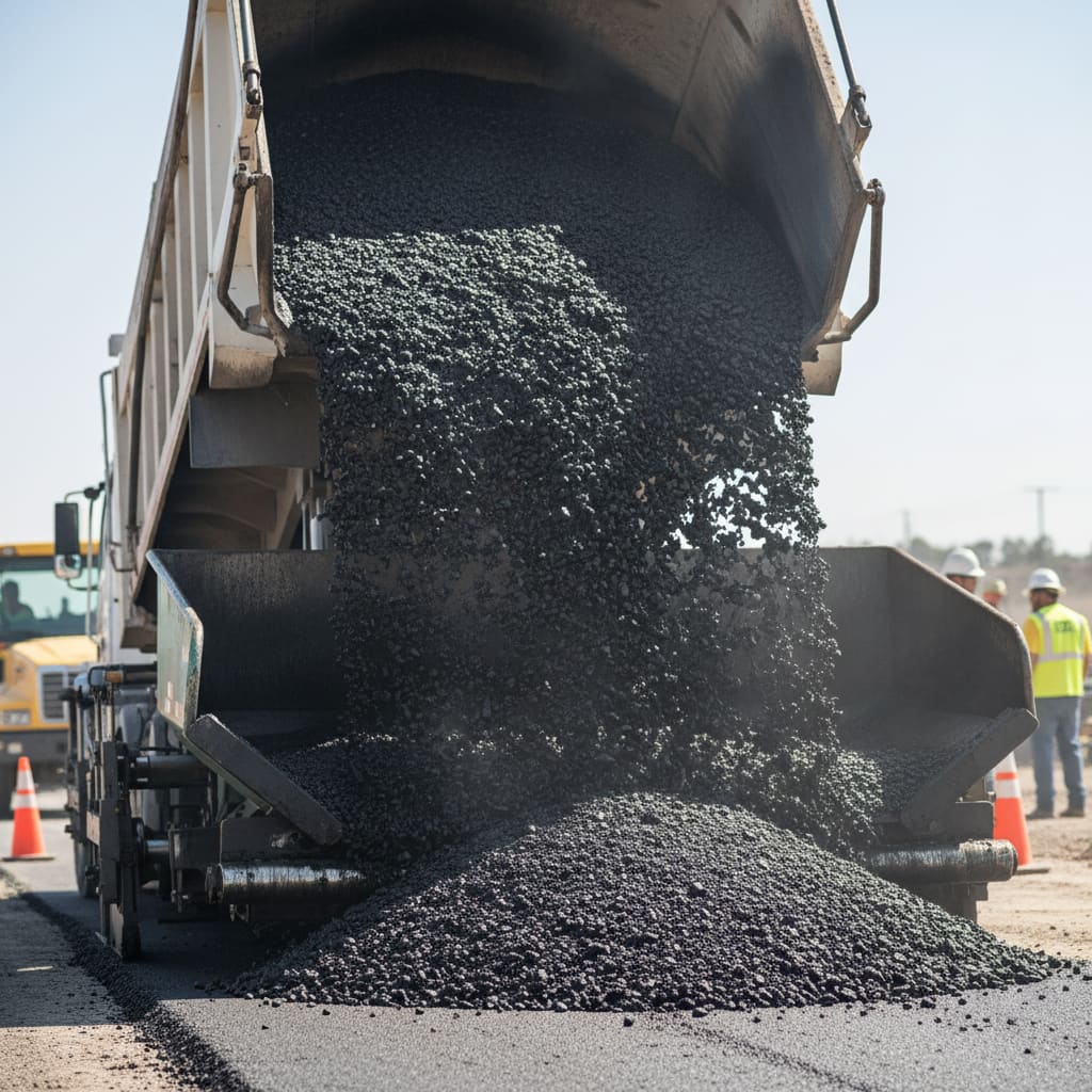 Hot mix asphalt being poured from a dump truck into an asphalt paver