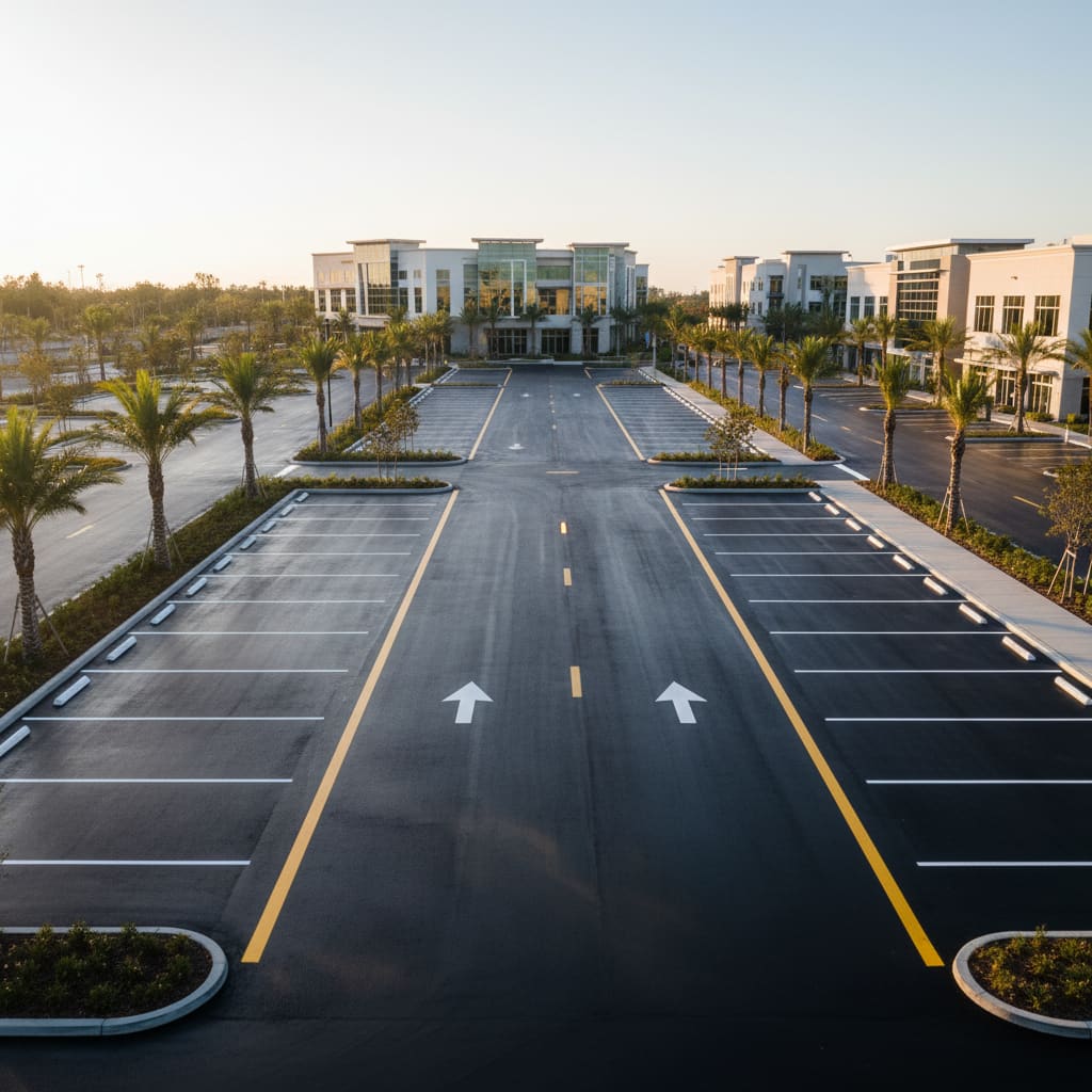Freshly paved asphalt parking lot with lane markings